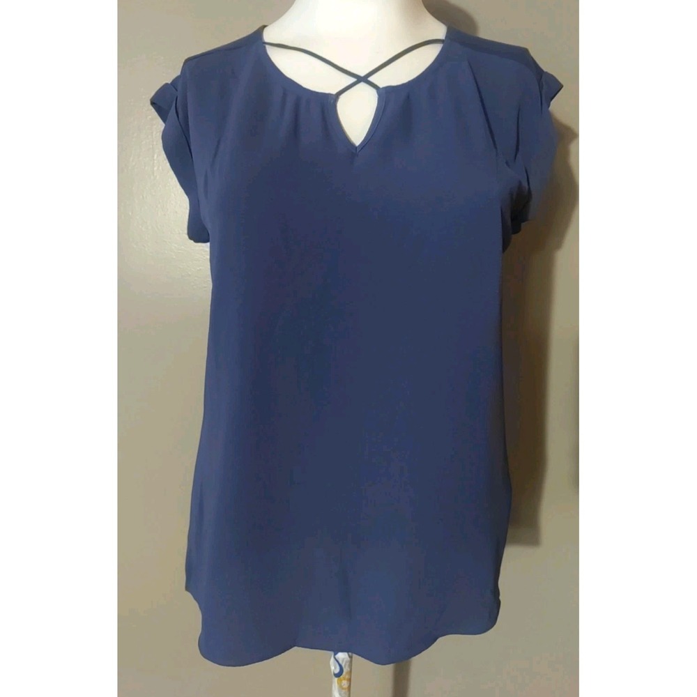 fortune ivy Carna Criss Cross V Neck Cap sleeve Slate Blue Top Size L Stitch Fix
